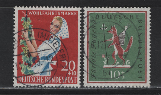 Lot 173A Germany SC#B360, B364 10+5pf - 20+10pf Multicoloured The Fox Who Stole The Goose & Girl Picking Grapes, 1958 Semi-Postals, 2 VF Singles With SON CDS Town Cancels