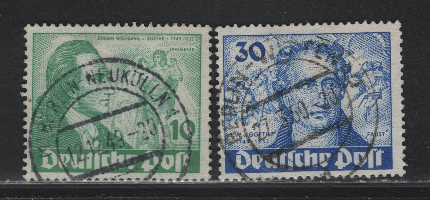 Lot 178 Germany - Berlin SC#9N61, 9N63 10pf, 30pf Green & Ultramarine Von Goethe, 1949 Von Goethe Issue, 2 VF and VG Singles With SON CDS Berlin Cancels, 30pf Has Light Creases
