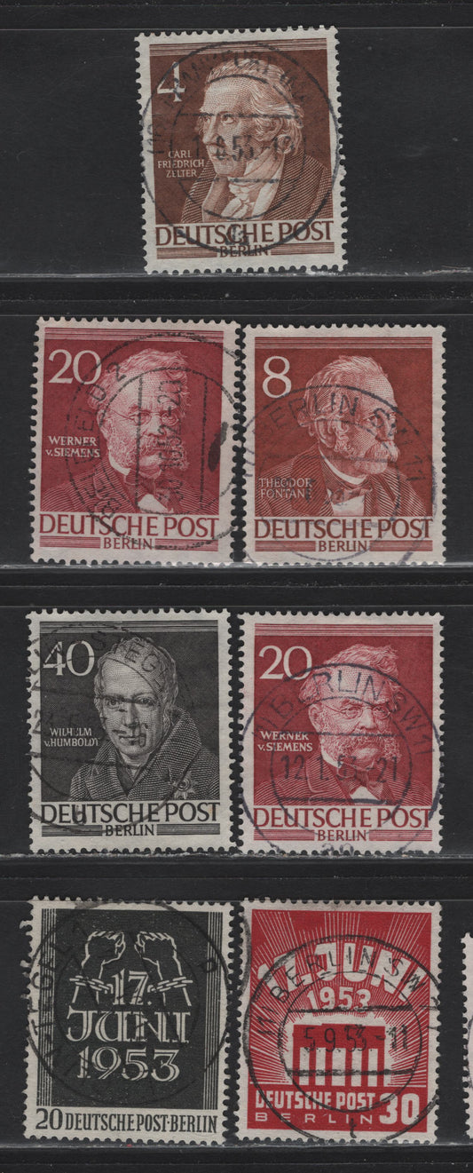 Lot 181 Germany - Berlin SC#9N84, 9N87, 9N90, 9N93, 9N99-9N100 4pf-30pf Brown-Deep Carmine Carl Freidrich Zelter - Brandenburg Gate, 1952-1953  Portraits - East German Workers' Strike, 7 Fine & VF Singles With SON CDS Berlin Cancels