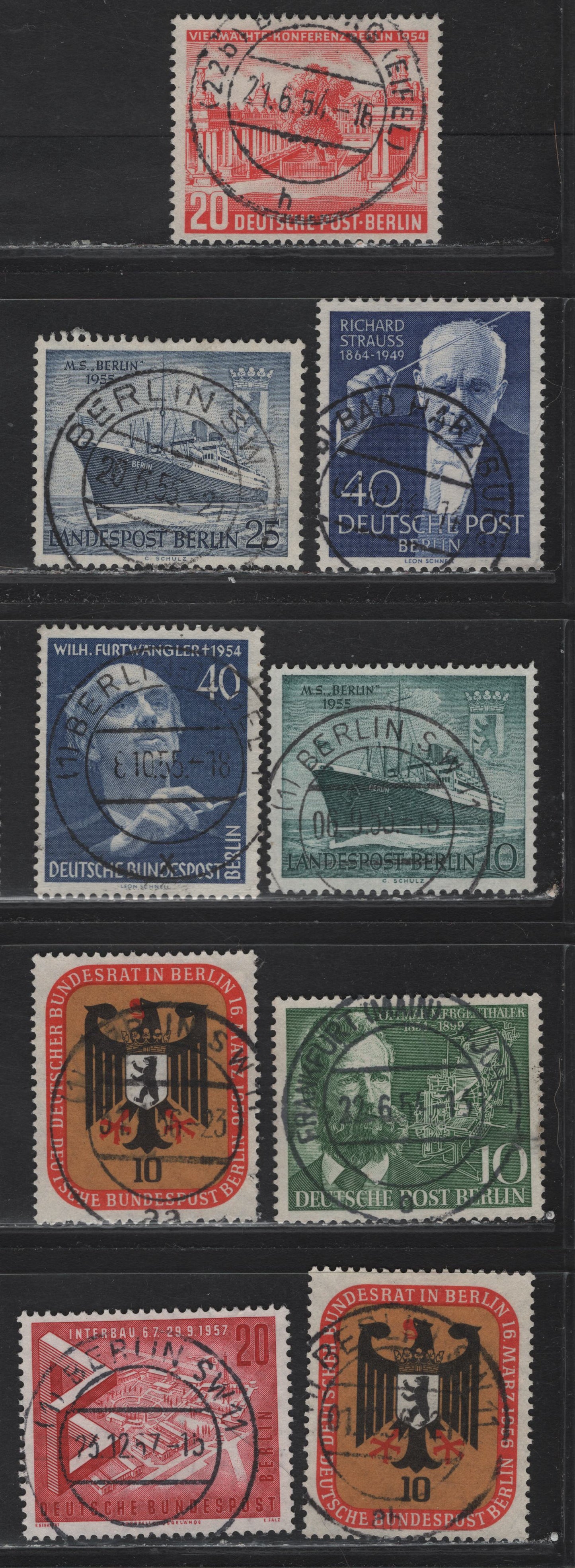 Lot 182 Germany - Berlin SC#9N103, 9N105, 9N111, 9N113-9N115, 9N118-9N119, 9N146 20pf-20pf Red-Carmine Allied Council Building - Hansa Model Town, 1954-1957 Four Power Conference - International Building Show, 8 VF Singles With SON CDS Berlin Cancels