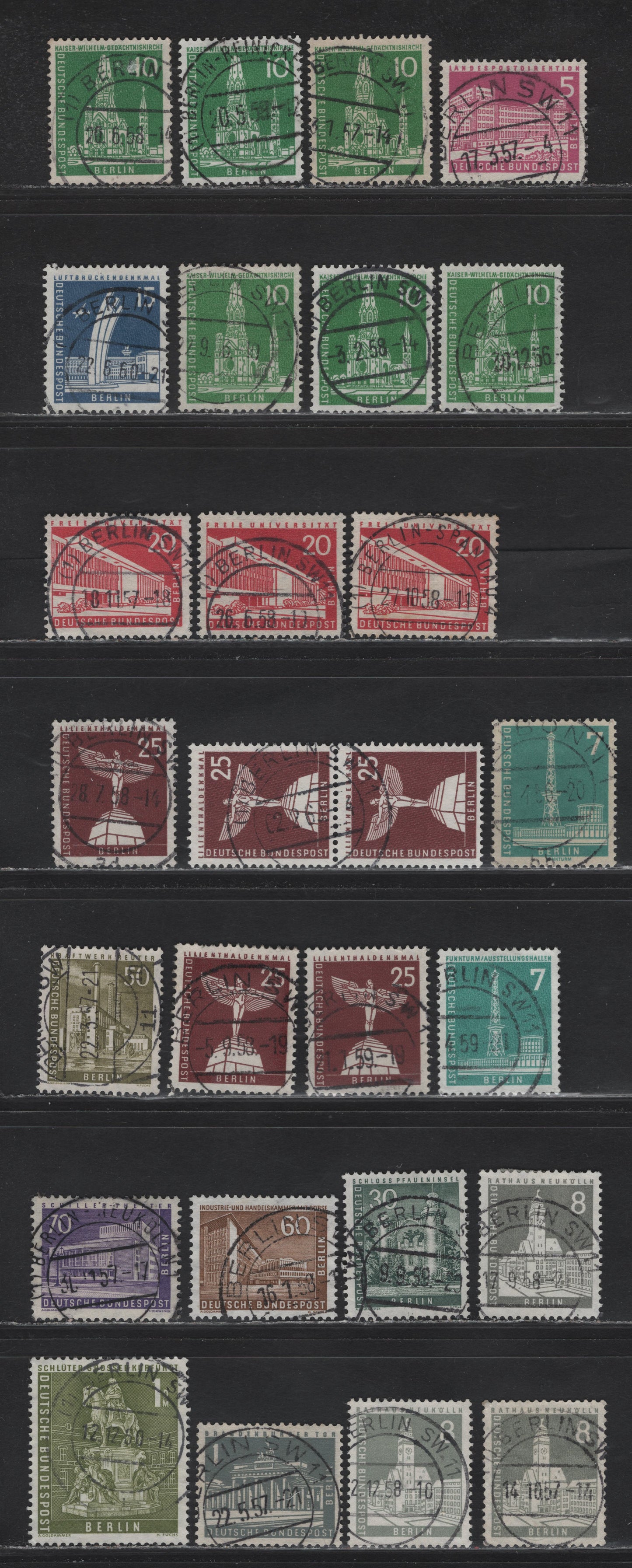 Lot 183 Germany - Berlin SC#9N120/9N135 1pf-1DM Grey-Olive Various Buildings & Landmarks, 1956-1963 Building & Landmark Definitives, 25 VF Singles and 1 Pair With SON CDS Berlin Cancels
