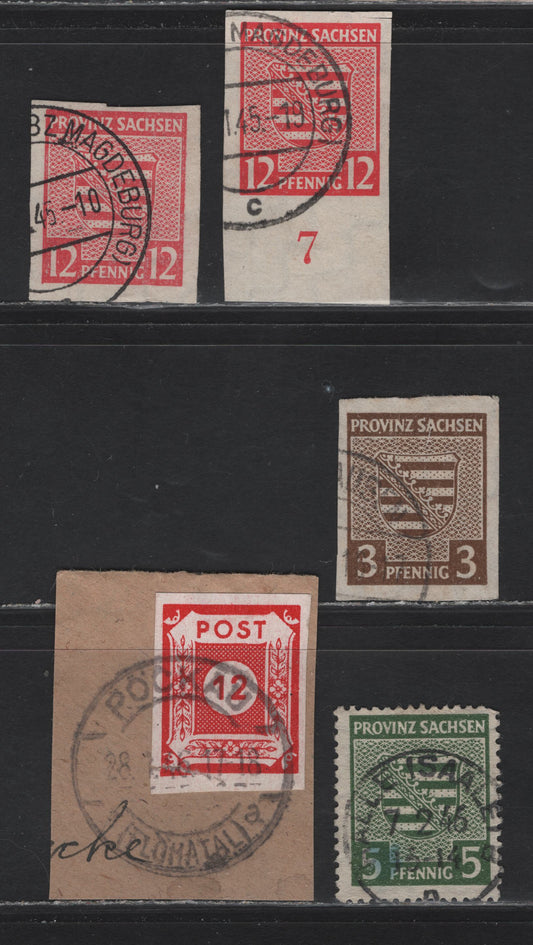 Lot 186 Germany - Russian Occupation of East Saxony SC#13N2a, 13N3, 13N7a, 15N10 3pf-12pf Yellow Brown - Red Coat of Arms & Numeral, 1945-1946 Arms & Numeral Definitives, 5 Fine & VF Singles With SON and Partial CDS Town Cancels