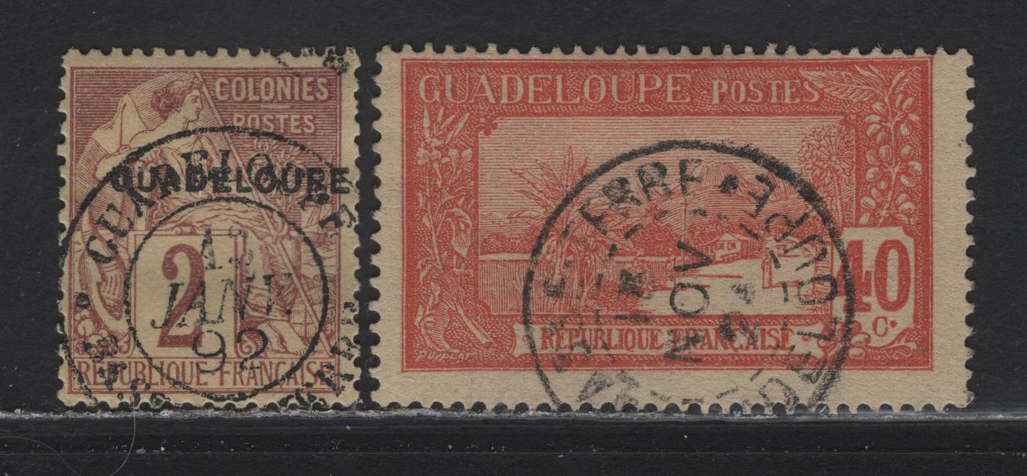 Guadeloupe SC#15, 71 2c, 40c Brown on Buff, Red On Straw Peace & Commerce & La Soufriere, 1891-1927 Overprints & Pictorial Keyplate Definitives, 2 Fine Singles With SON CDS Town Cancels