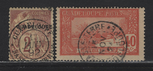 Guadeloupe SC#15, 71 2c, 40c Brown on Buff, Red On Straw Peace & Commerce & La Soufriere, 1891-1927 Overprints & Pictorial Keyplate Definitives, 2 Fine Singles With SON CDS Town Cancels