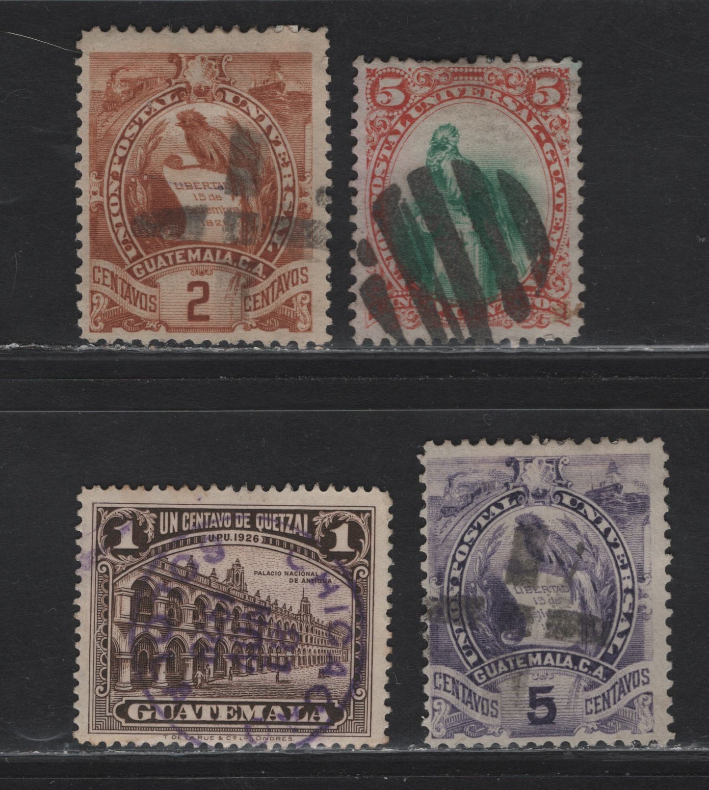 Guatemala SC#23, 44, 46, 234 5c - 1c Red & Green - Dark Brown Quetzal -National Palace at Antigua, 1881-1929 Quetzal Issues - Pictorial Definitives, 4 Fine & VF Singles With SON Segmented Cork and CDS Cancels