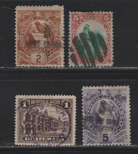 Lot 196 Guatemala SC#23, 44, 46, 234 5c - 1c Red & Green - Dark Brown Quetzal -National Palace at Antigua, 1881-1929 Quetzal Issues - Pictorial Definitives, 4 Fine & VF Singles With SON Segmented Cork and CDS Cancels