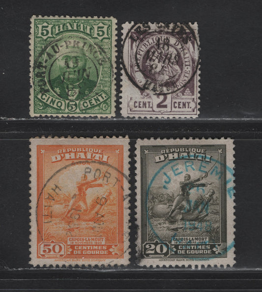 Lot 197 Haiti SC#8a, 24, 373, C37 2c-50c Dark Violet - Orange Liberty Head - Francois Capois, 1882-1946 Perforated Liberty Head Issue - 1946 Airmail, 4 VG-VF Singles With SON CDS Town Cancels, Pulled Perfs On 2c