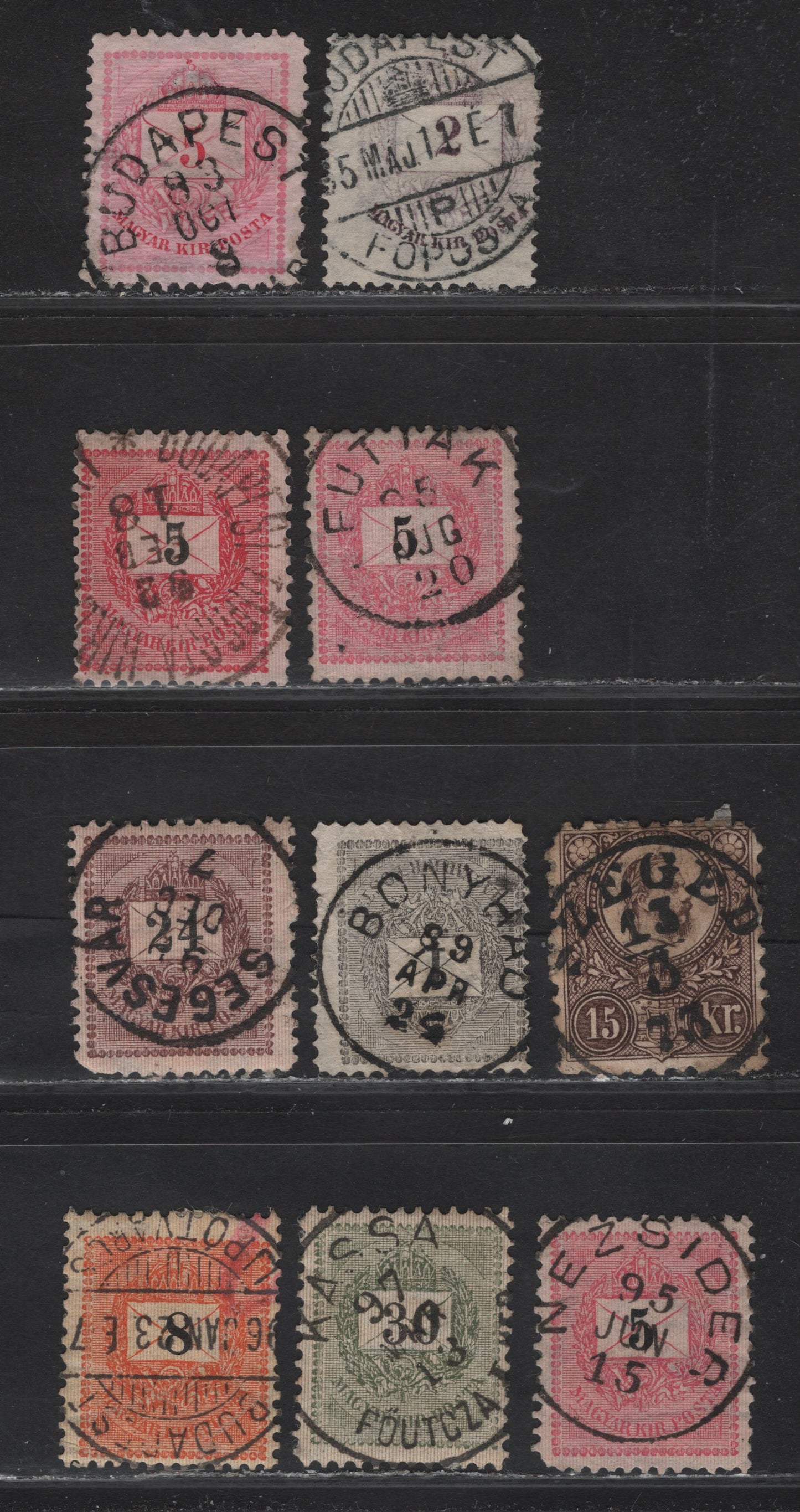 Lot 199 Hungary SC#11, 13a, 15c, 22A, 25, 26, 31, 32 1k-30k Black-Olive Green & Brown Numeral, Letter & Crown Of St. Stephen, Franz Joseph I, 1871-1898 Franz Joseph & Numeral Issues, 10 VG-VF Singles With SON CDS Town Cancels