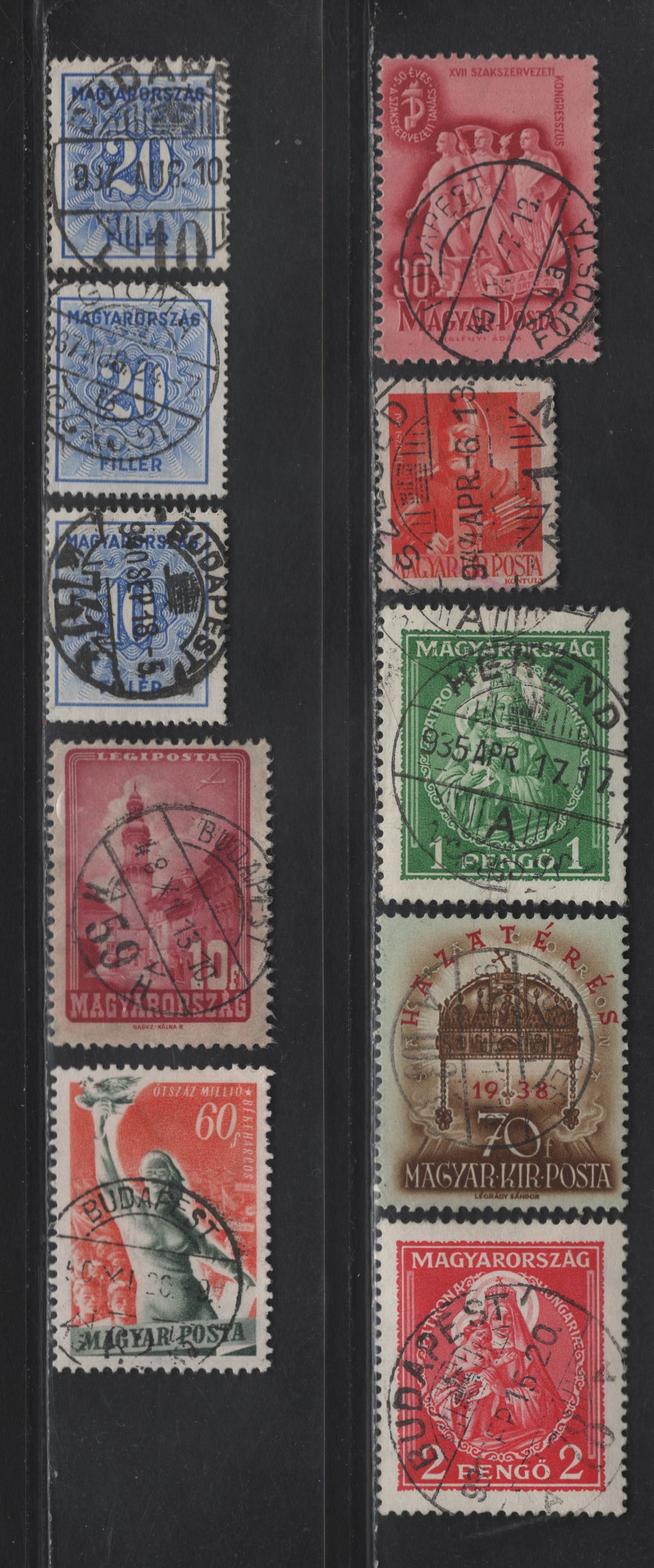 Hungary SC#462-463, 536, 605, 841, 918, J134, J137, C45 1p-20f Yellow Green-Blue Madonna - Numeral, 1932-1950 Madonna Issue - Postage Due, 10  Singles With SON CDS Town Cancels