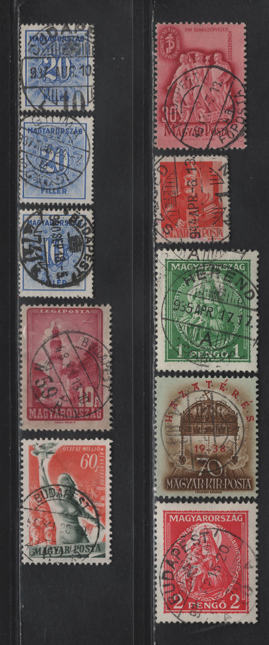 Hungary SC#462-463, 536, 605, 841, 918, J134, J137, C45 1p-20f Yellow Green-Blue Madonna - Numeral, 1932-1950 Madonna Issue - Postage Due, 10  Singles With SON CDS Town Cancels