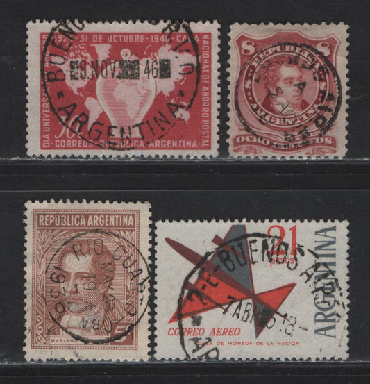 Argentina SC#39, 427, C91, 558 8c - 21p Lake - Brown Red & Gray Portraits - Airmails, 1877-1965 Portraits - Airmail Issues, 4 Fine/Very Fine Used Singles, Dated SON Cancels