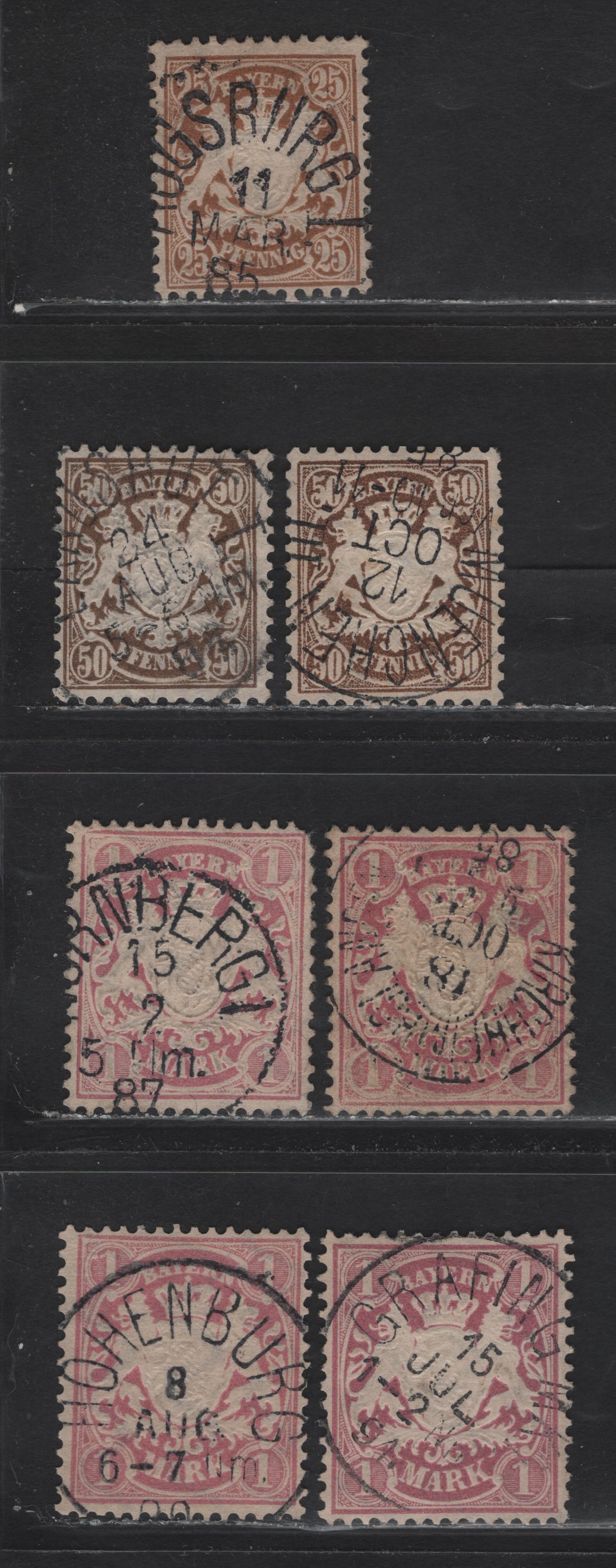 Lot 21 Bavaria Michel#51, 52, 53, 53ya, 53yb (SC# 52, 53, 54a, 54, 54c) 25pf - 1m Yellow Brown - Rose Lilac/Brownish Lilac Arms, 1881-1911 Embossed Arms Issue, 7 Fine/Very Fine Used Singles, Vertical Wavy Lines Wmk, Perf 11.5, SON Dated Town Cancels.