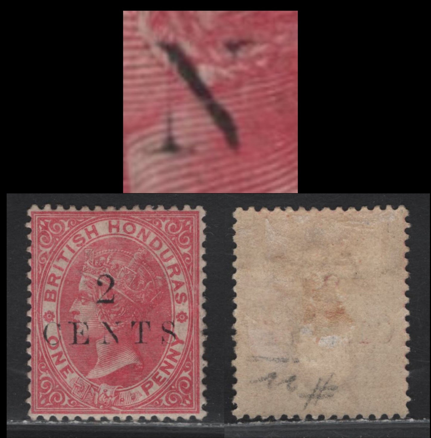 Lot 215 British Honduras SG#27 2c on 1d Rose Queen Victoria, 1888 Surcharged Issue, A VFOG Single, Showing Unlisted Broken N In Cents