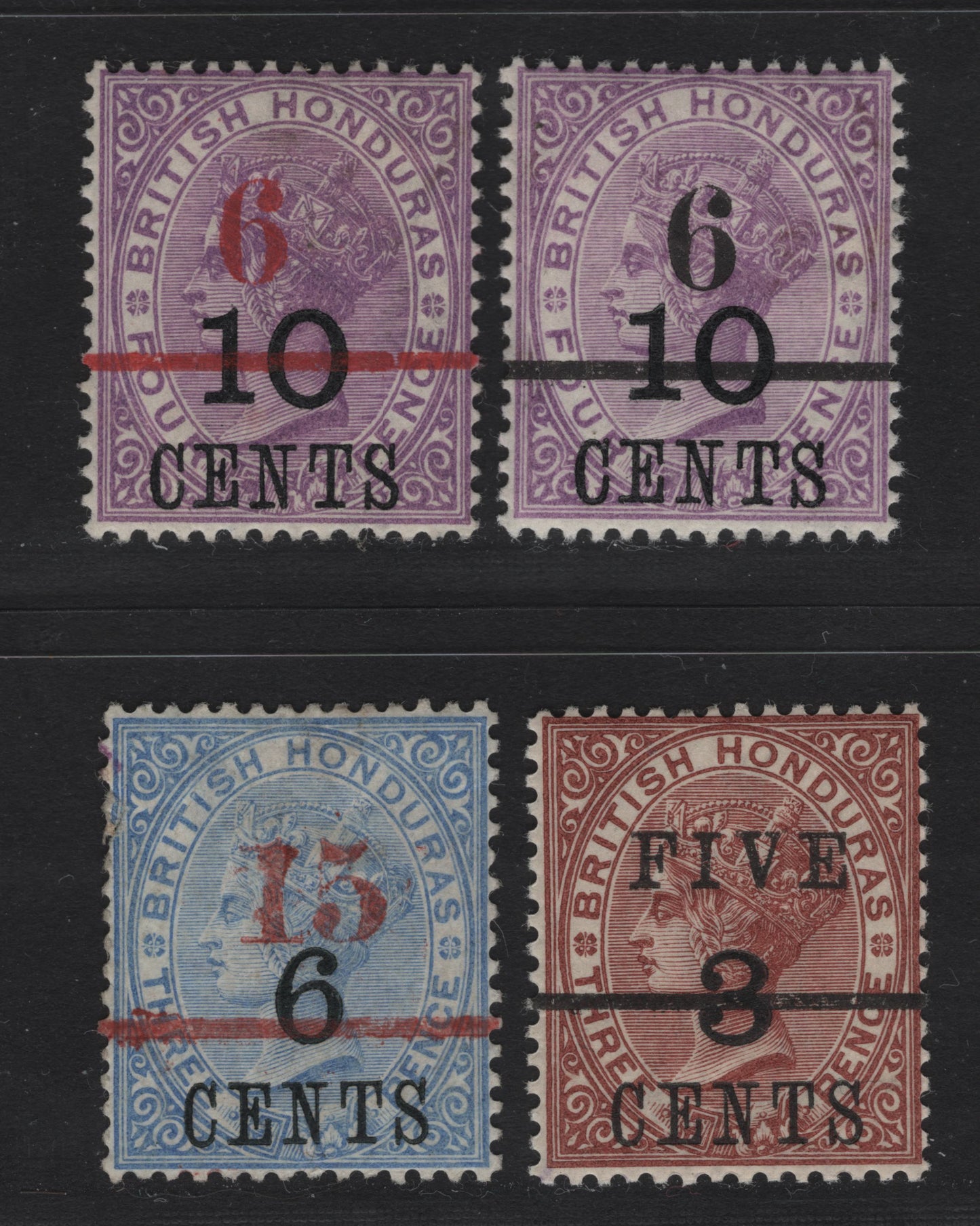 Lot 220 British Honduras SG#43-44, 49-50 6c on 10c on 4d - 15c on 6c on 3d Mauve - Ultramarine Queen Victoria, 1891 Local Surcharged Issue, 4 VFOG Singles, 15c on 6c on 3d Has A Thin And A Tear