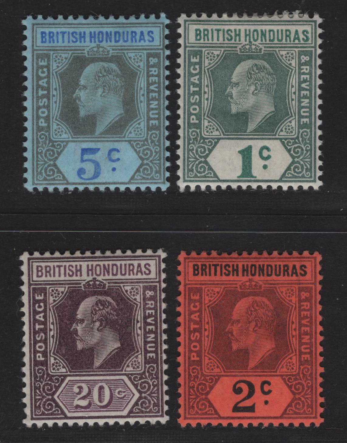 Lot 228 British Honduras SG#80-83 1c - 20c Gray Green & Green - Dull & Bright Purple King Edward VII, 1902-1904 King Edward VII Imperium Keyplate Issue, 4 F/VFOG Singles, Crown CA Wmk