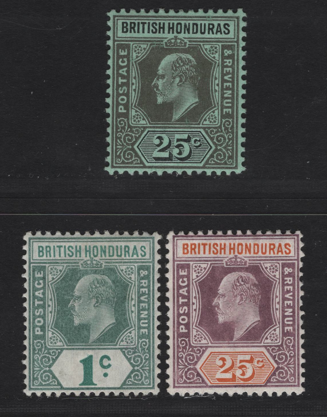Lot 230 British Honduras SG#84a, 89, 100 1c - 25c Gray Green & Green - Black on Green King Edward VII, 1904-1908 King Edward VII Imperium Keyplate Issue, 3 F/VFOG Singles, Multiple Crown CA Wmk, Chalk Surfaced Paper