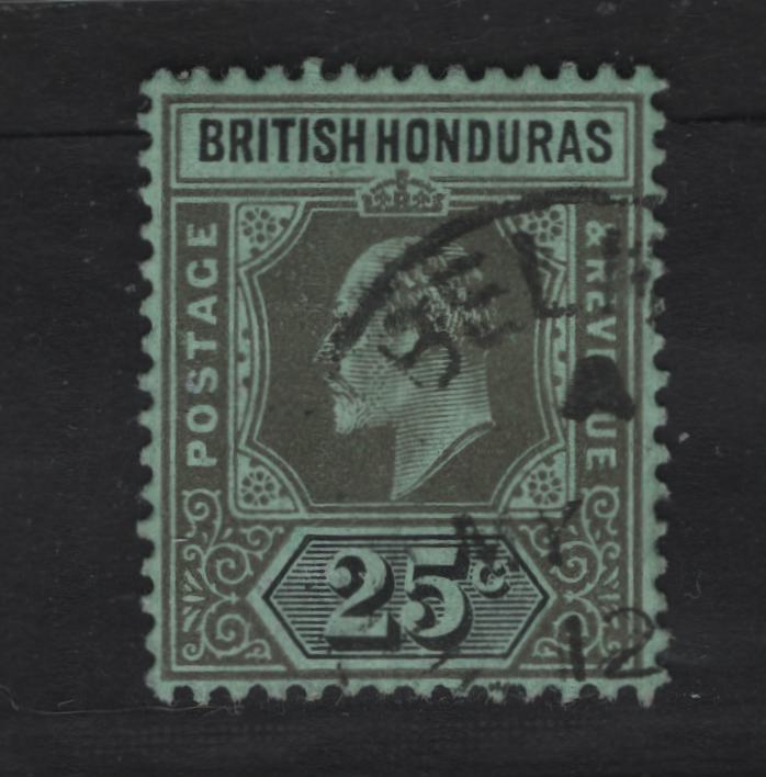 Lot 235 British Honduras SG#100 25c Black & Gray on Green King Edward VII, 1908 King Edward VII Imperium Keyplate Issue, A Very Fine Used Single, May 1912 Belize CDS, Multiple Crown CA Wmk