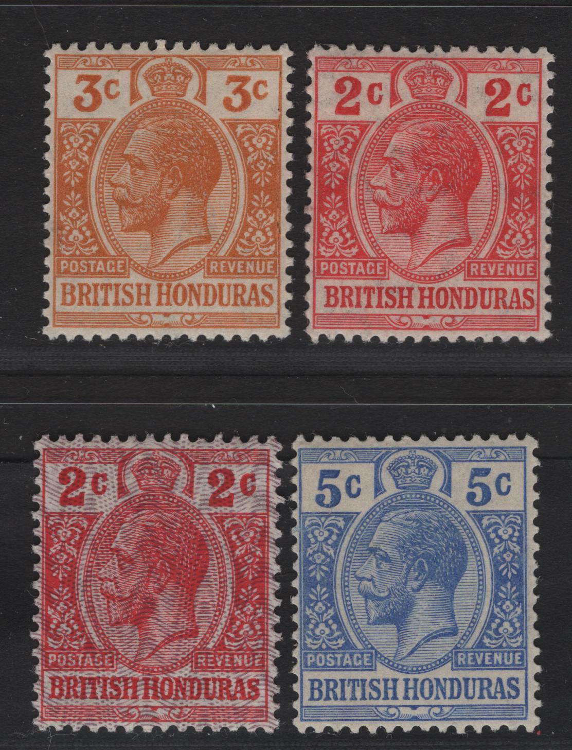 Lot 237 British Honduras SG#102, 104, 112 2c - 20c Red - Bright Scarlet King George V, 1913-1921 KGV Keyplates Issue, 4 VFNH Singles