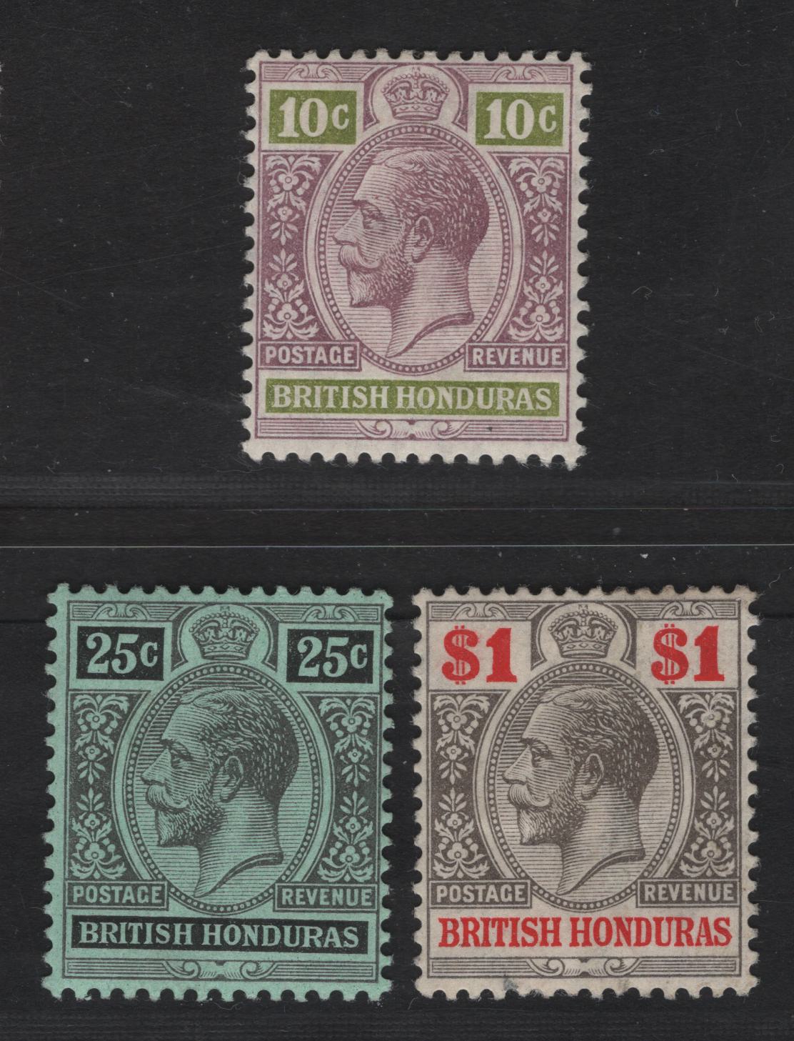 Lot 238 British Honduras SG#105-106, 108 10c - $1 Dull Purple & Yellow Green - Black & Carmine King George V, 1913-1921 KGV Keyplates Issue, 3 F/VFOG Singles, Multiple Crown CA Wmk
