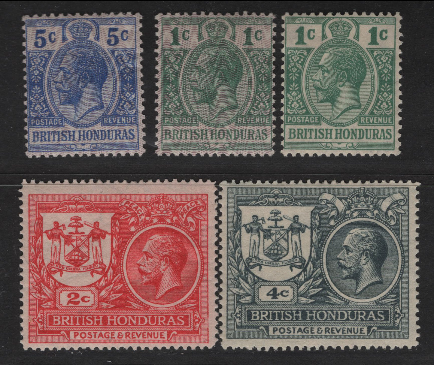 Lot 239 British Honduras SG#111, 113, 121-123 1c - 5c Green - Bright Blue King George V, 1915-1921 Wartime Security Overprints - Keyplate Issues, 5 F/VFOG Singles, Script CA Wmk