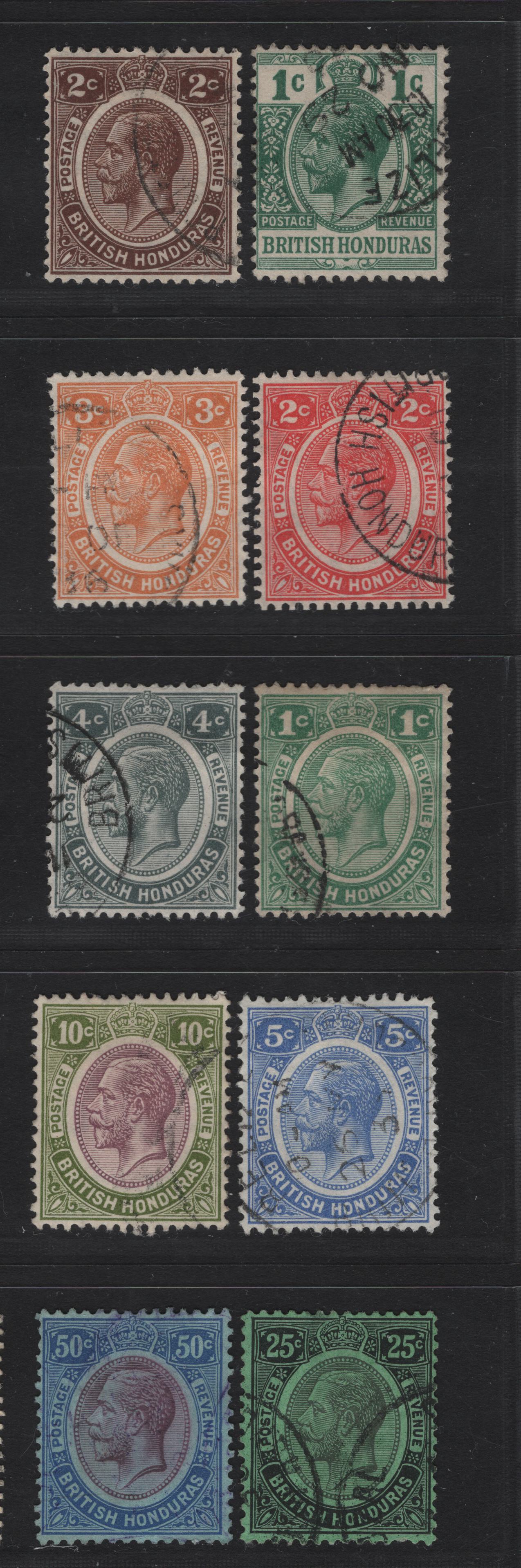 Lot 243 British Honduras SG#101a, 126-134 1c - 50c Yellow Green - Purple & Blue on Blue King George V, 1913-1933 KGV Keyplate Issue, 10 Fine/Very Fine Used Singles, Multiple Crown CA & Multiple Script CA Wmks