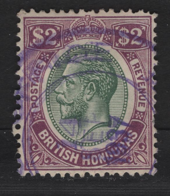 Lot 245 British Honduras SG#137 $2 Yellow Green & Bright Purple King George V, 1922-1933 KGV Keyplate Issue, A Very Fine Used Single, Fiscal Cancel