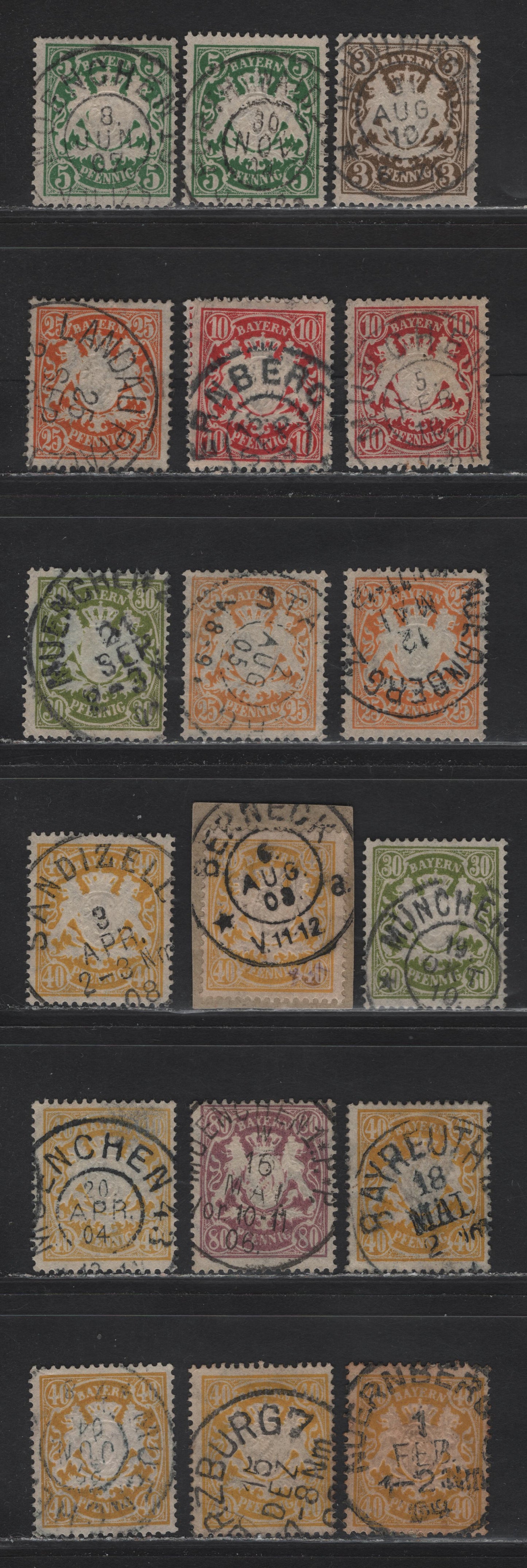Lot 26 Bavaria #60, 62, 63, 66, 67, 68, 71 3pf Olive Brown - 80pf Lilac, 1888-1900 Embossed Arms Issue, Wmk Horizontal Wavy Lines, 18 F&VF Used Singles All With SON Town Cancels