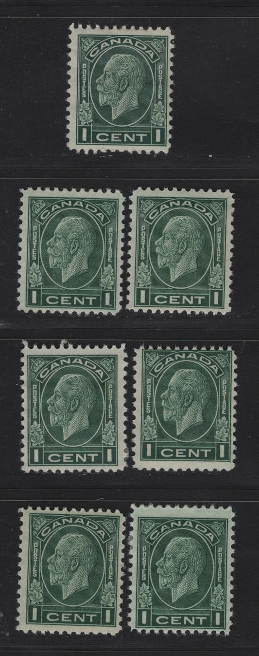 Canada (C) #195 1c Deep Green King George V, 1932 Medallion Issue, 7 FOG Singles, Various Papers, All Different, Unchecked As To Perfs & Design Sizes.