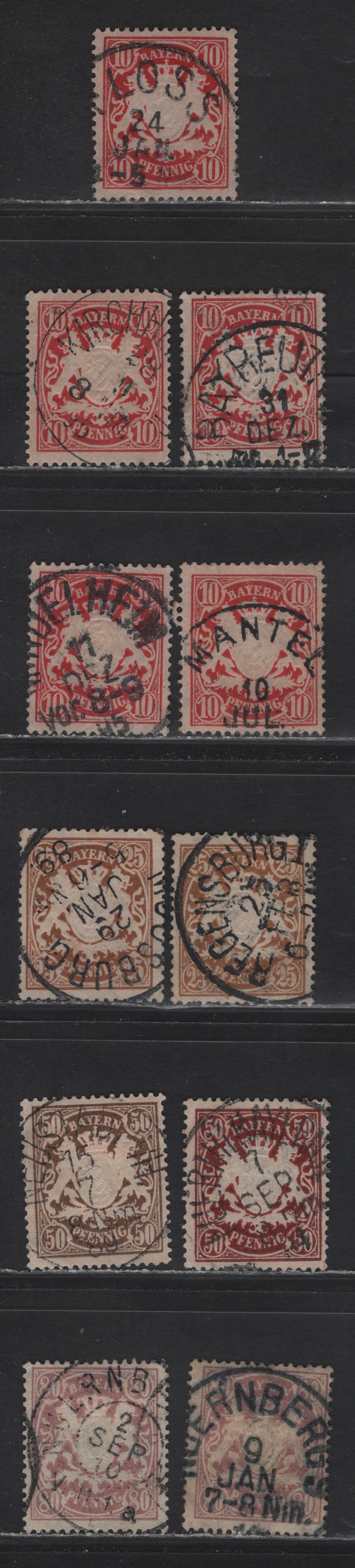 Lot 28 Bavaria #63a,65,69,70a,71a 10pf Carmine Red - 80pf Lilac, 1888-1899 Embossed Arms Issue, Wmk Wavy Lines, 11 F&VF Used Singles All On Toned Paper With SON Town Cancels