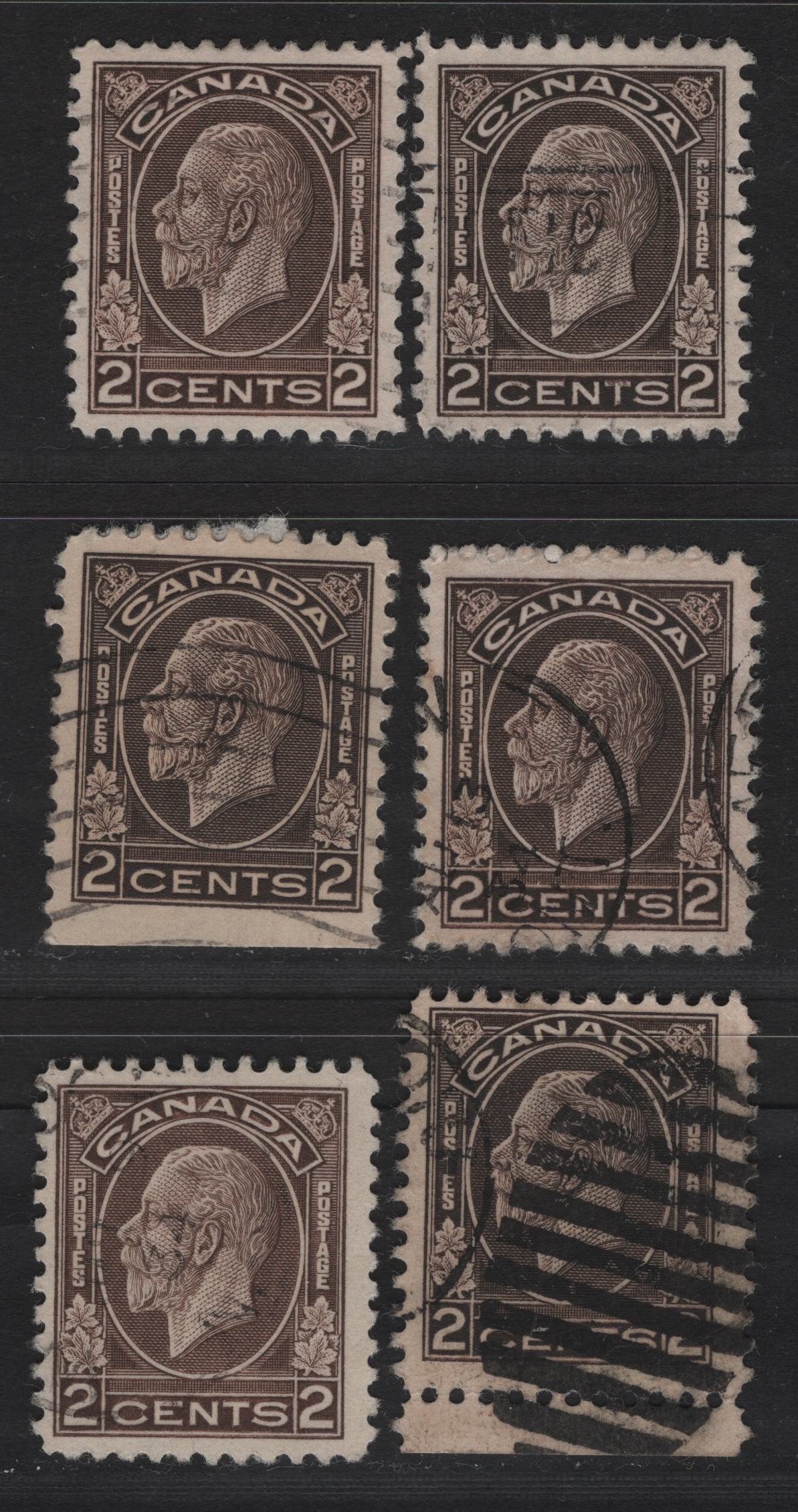 Canada #196, 196as 2c Dark Brown, Brown & Black Brown King George V, 1932 Medallion Issue, 6 Fine/Very Fine Used Sheet & Booklet Singles, Variety Of Papers, Perfs & Design Sizes