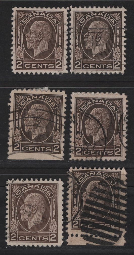 Canada #196, 196as 2c Dark Brown, Brown & Black Brown King George V, 1932 Medallion Issue, 6 Fine/Very Fine Used Sheet & Booklet Singles, Variety Of Papers, Perfs & Design Sizes