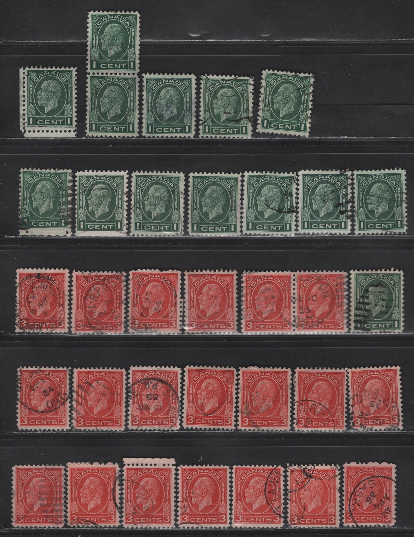 Lot 289 Canada (C) #195,d,as, 197,c, 1c - 3c Green - Deep Red , 1932 Medallion Issue, 28 Fine/Very Fine Used Singles & Pairs, Various Papers & Shades, Both Dies 1 & 2 Of the 3c, Unchecked As To Perfs & Design Sizes, Includes One 1c Flat Plate.