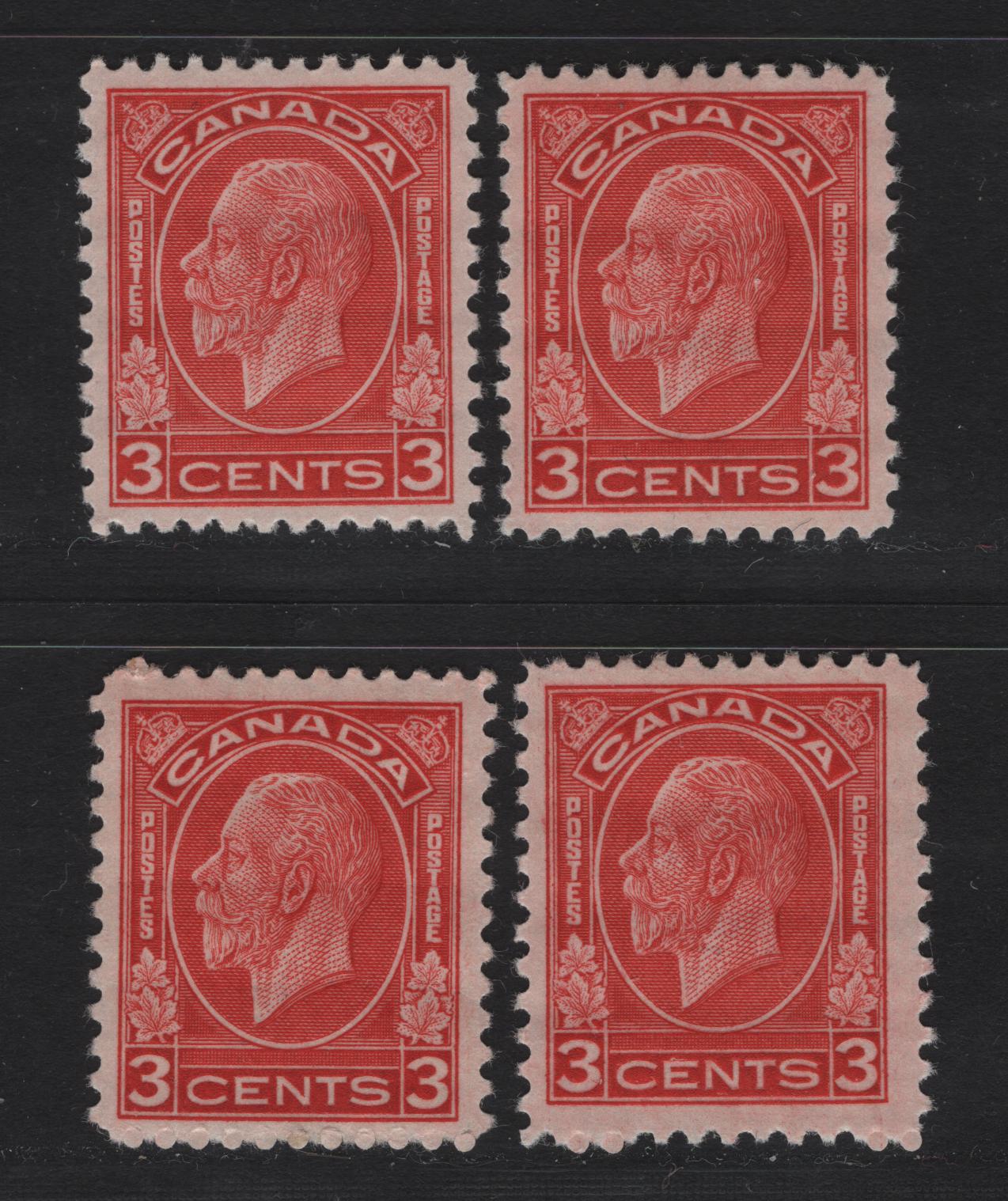 Lot 292 Canada (C) #197,c 3c Scarlet King George V, 1932 Medallion Issue, 4 VFOG Singles, Papers BABN-G & BABN-UU, Dies 1 & 2, Perfs 11.1x10.9, 11.1x10.8 & 11.2x10.9, Design Size 18x22mm & 18x22.25mm.
