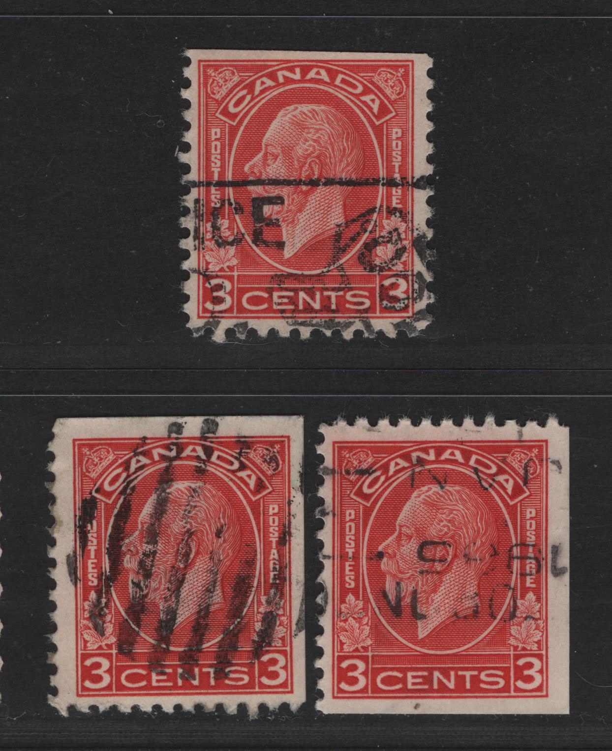 Lot 295 Canada  (C) #197ds 3c Scarlet King George V, 1932 Medallion Issue, 3 Fine Used Singles, Papers BABN-JJ & BABN-II, Perfs 10.9 & 10.75, 18.4x22mm Design Size.