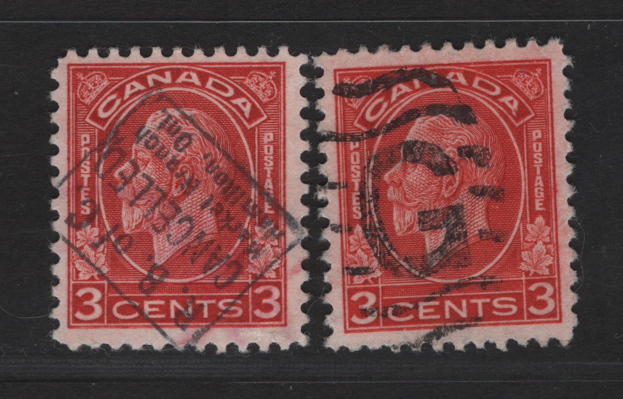 Lot 296 Canada #197c 3c Scarlet & Golden Scarlet King George V, 1932 Medallion Issue, 2 Fine/Very Fine Used Singles, Paper BABN-E, Die 2, Perfs 11.1x10.9 & 11.2x11, Each With Unusual Cancels.