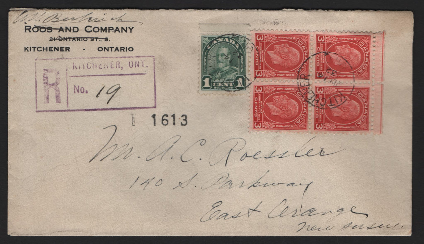 Lot 297 Canada (C) #163, 192 1c & 3c Green - Scarlet King George V, 1930-1932 Scroll - Medallion Issues, A Very Fine Used Cover, Registered Sent From Kitchener To New Jersey 2 Days After Issue Of Ottawa Conference Stamps