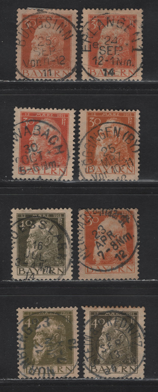 Lot 30 Bavaria SC#82-83(Michel 81I-II, 82I-II) 30pf Orange Buff On Buff, 40pf Olive Green On Buff, 1911 Prince Regent Leopold Issue, 8 F&VF Used Singles Types I & II, W/ SON Town Cancels