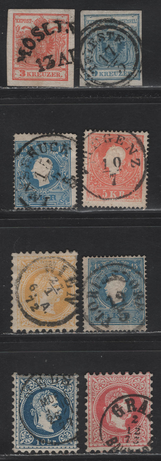 Lot 3 Austria SC#3, 5, 9, 11a, 27, 29, 30e 3kr - 10kr Rose - Dark Blue , 1850-1872 Arms & Franz Josef Issue, 8 Fine/Very Fine Used Singles, SON Town Cancels Including Moslin, Trieste, Bregenz, Floridsdorf, Innsbrock, Vienna & Graz Railway & Wels