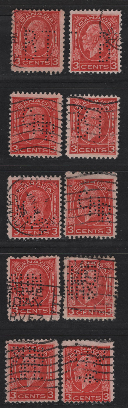 Lot 303 Canada #197c 3c Scarlet King George V, 1932 Medallion Issue, 10 Fine Used Singles, Die 2, Various Perfins