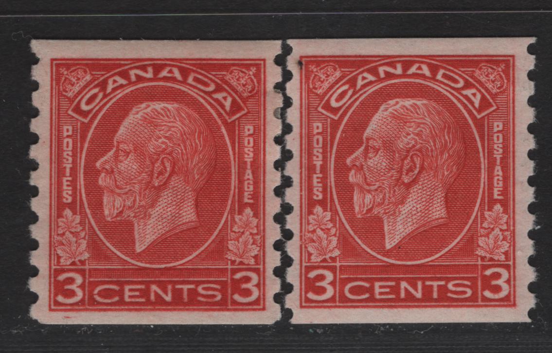 Lot 306 Canada (C) #207 3c Scarlet King George V, 1933 Medallion Coil Issue, 2 VFOG Singles, Paper BABN-H, 18.5mmx21.5mm Design Size, 2 Shades.
