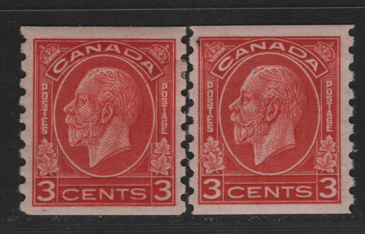 Lot 306 Canada (C) #207 3c Scarlet King George V, 1933 Medallion Coil Issue, 2 VFOG Singles, Paper BABN-H, 18.5mmx21.5mm Design Size, 2 Shades.