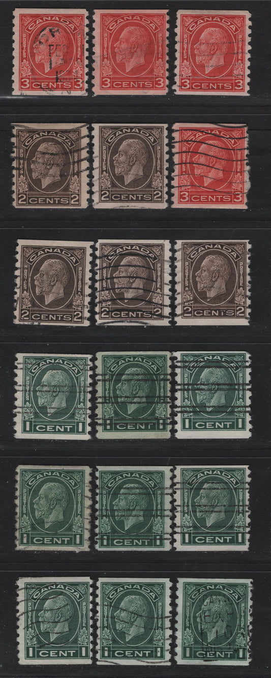 Lot 307 Canada (C) #205-207, 205xx 1c - 3c Green - Scarlet King George V, 1933 Medallion Coil Issue, 18 Fine/Very Fine Used Singles, Various Shades, Printed On Different Papers