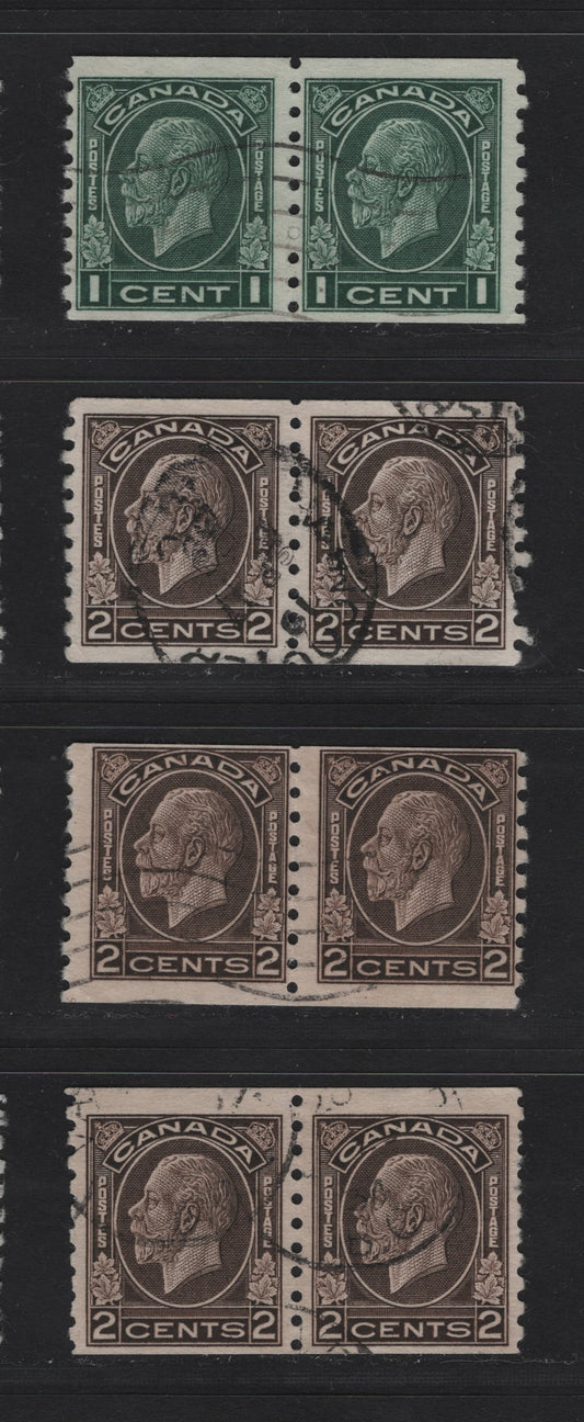 Lot 308 Canada #205-206 1c - 2c Deep Bluish Green - Dark Yellowish Brown King George V, 1933 Medallion Coil Issue, 3 Fine/Very Fine Used Pairs, BABN-A Papers, Different Shades