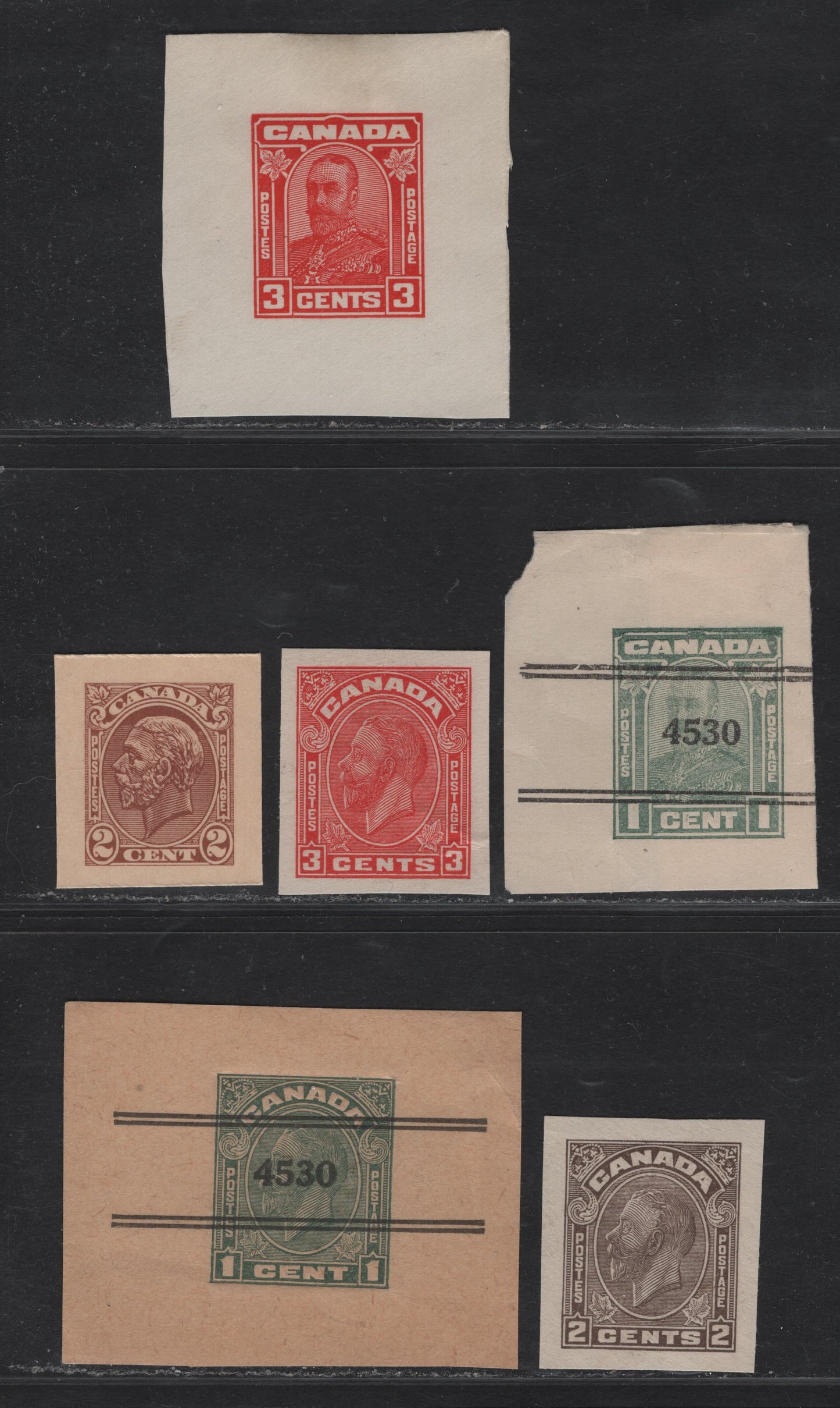 Lot 309 Canada #U44, U47-U448, U021a, Ux65, U025a 3c - 2c Scarlet - Brown King George V, 1930-1935 Arch/Leaf - Medallion Issues, 6 Very Fine Cut Squares, Cut Squares From Envelopes, Postcards & Special Order Envelopes