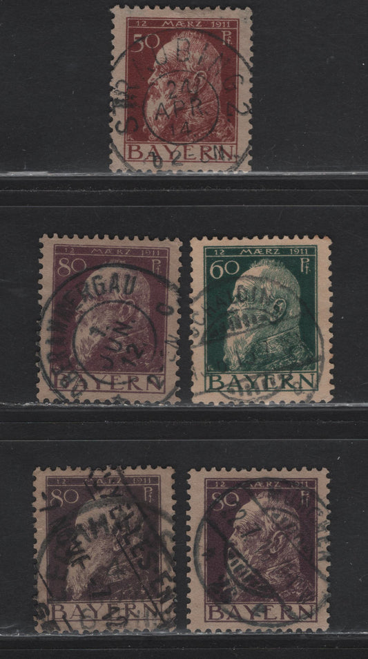 Lot 31 Bavaria SC#84-85(Michel 84II, 83II,85I,85II) 50pf Claret On Grey Brown, 60pf Dark Green On Buff, 80pf Violet On Grey Brown, 1911 Prince Regent Leopold Issue, 5 VF Used Singles Types I & II, W/ SON Town Cancels