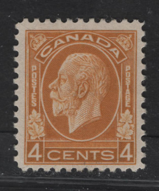 Lot 314 Canada (C)  #198 4c Ochre Yellow King George V, 1932 Medallion Issue, A FOG Single, BABN-VV Paper, Perf 10.75x10.75, 18.4x22mm.