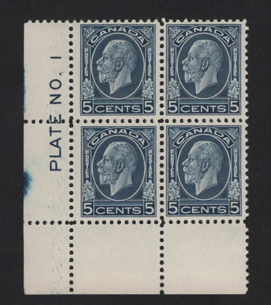 Lot 322 Canada #199 5c Blue King George V, 1932 Medallion Issue, A VFOG LL Block Of 4, Plate 1, BABN-U Paper, Perf 10.75, NH on 3 Stamps.