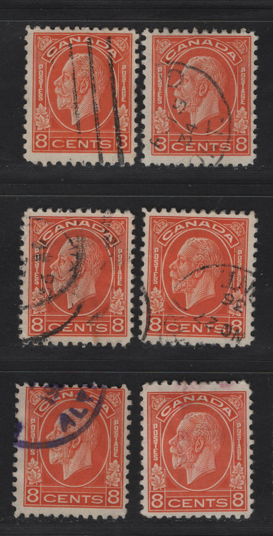 Lot 334 Canada (C) #200 8c Red Orange King George V, 1932 Medallion Issue, 6 Fine Used Singles, Slightly Different Shades, Different Papers