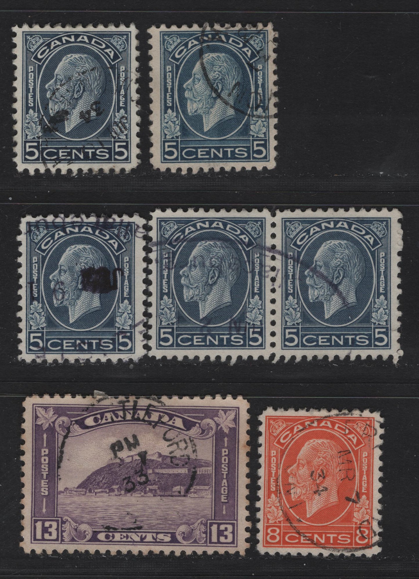 Lot 343 Canada #199-200,i 5c - 8c Blue - Rosy Milky Purple King George V, 1932 Medallion Issue, 6 Very Fine Used Singles & Pair, Unchecked As To Papers & Perfs