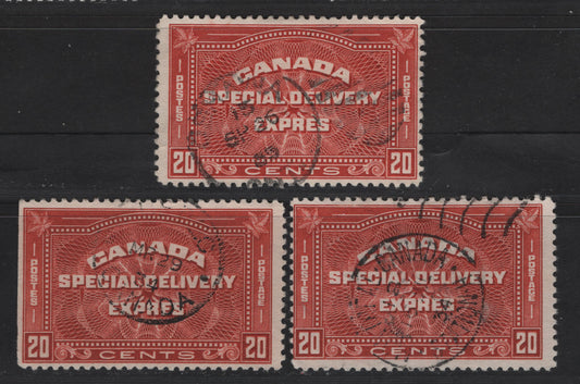 Canada #E5 20c Terracotta - Brownish Vermillion Special Delivery, 1932 Special Delivery Issue, 3 Fine Used Singles, BABN-YY & BABN-AAA Papers, Perfs 10.8x10.9 & 10.9